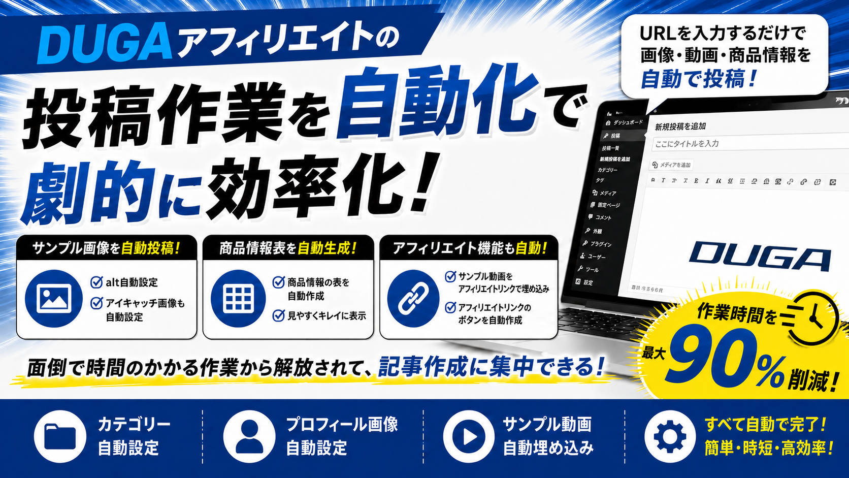 DUGAアフィリエイトの投稿作業を自動化で劇的に効率化。投稿作業の手間を大幅カット。